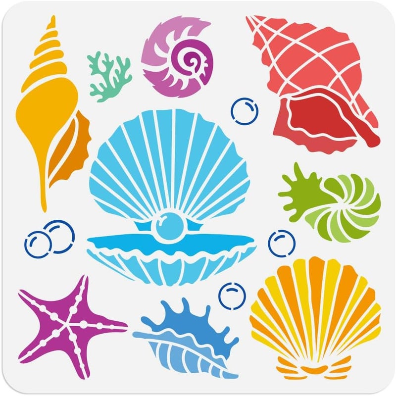 DOODLREAM Seashell Conch Stencil for Painting, 11.8"x11.8" Reusable Plastic Summer Ocean Animal Stencil Drawing Template, DIY Craft Paint Template for Wall Home Decor Wood Burning Journal Paper - Image 1